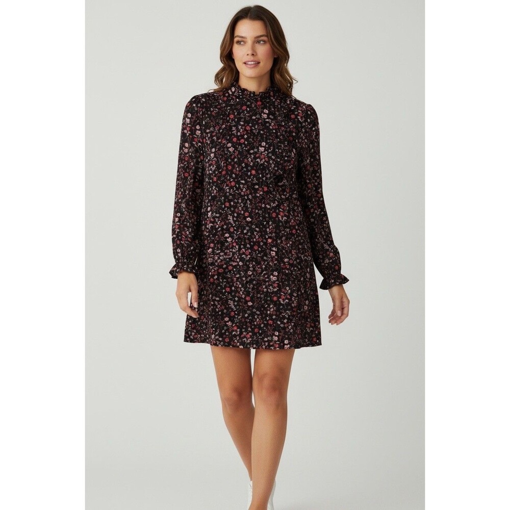 Express Women's Dress Black Pink Red Floral Lace Ruffle A-Line Long Sleeve S NWT